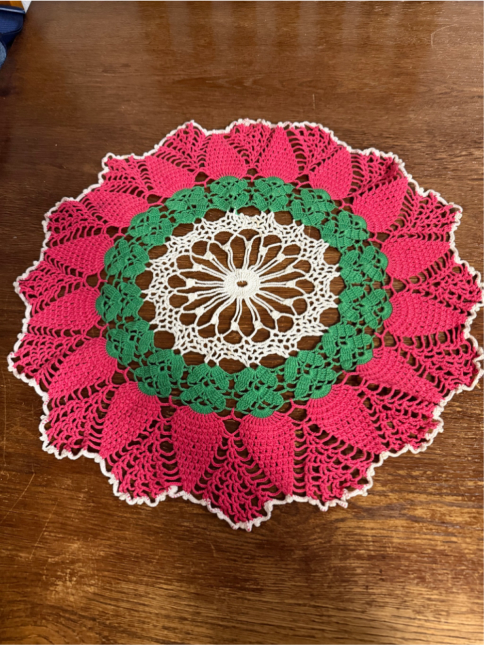 Vintage Handmade Crochet Doily 18” Pink Green White Pineapple Floral Table Toppe
